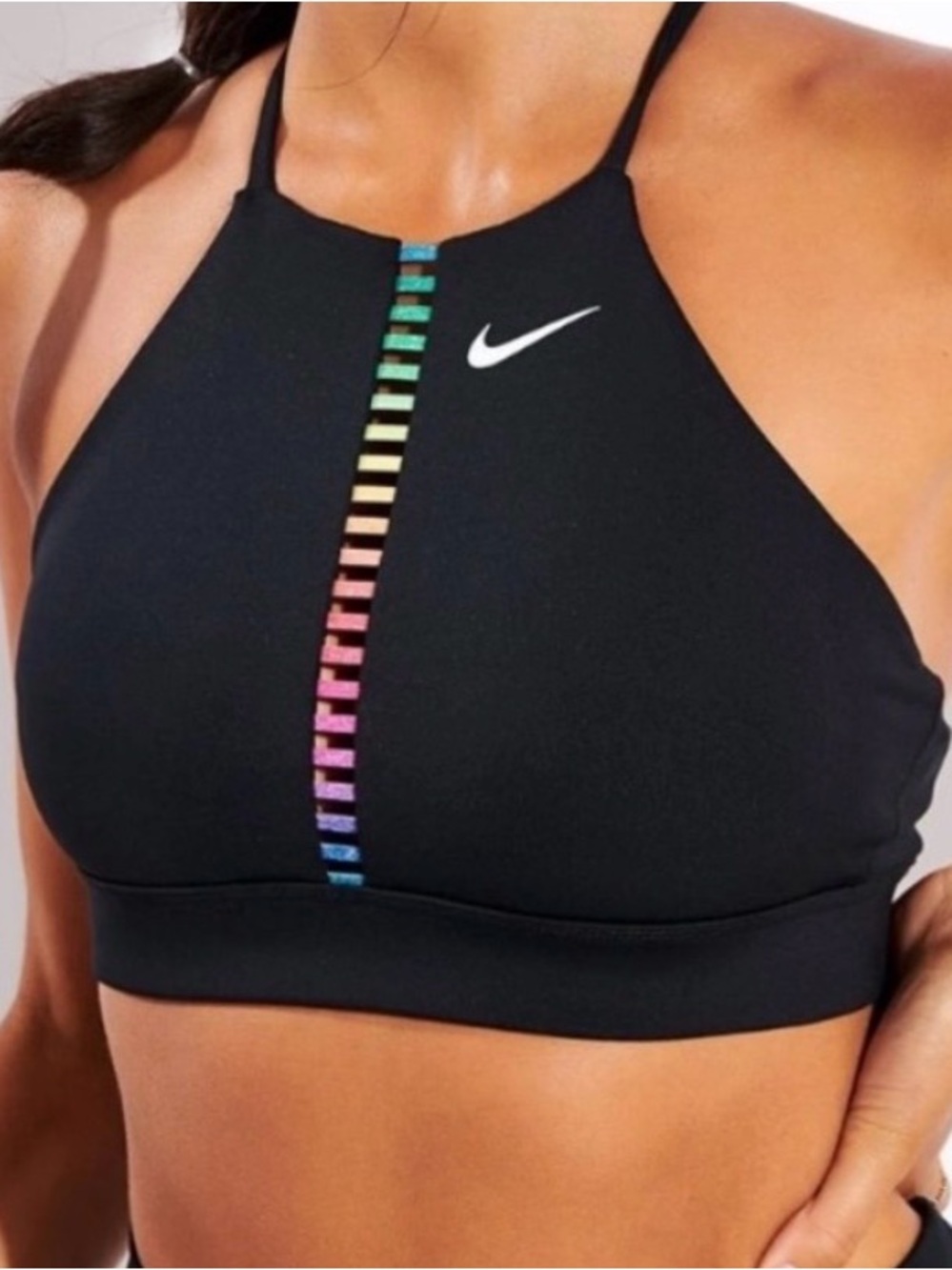 Nike Indy Rainbow Black Strappy Sports Bra S High-Neck Racerback Dri-Fit Yoga